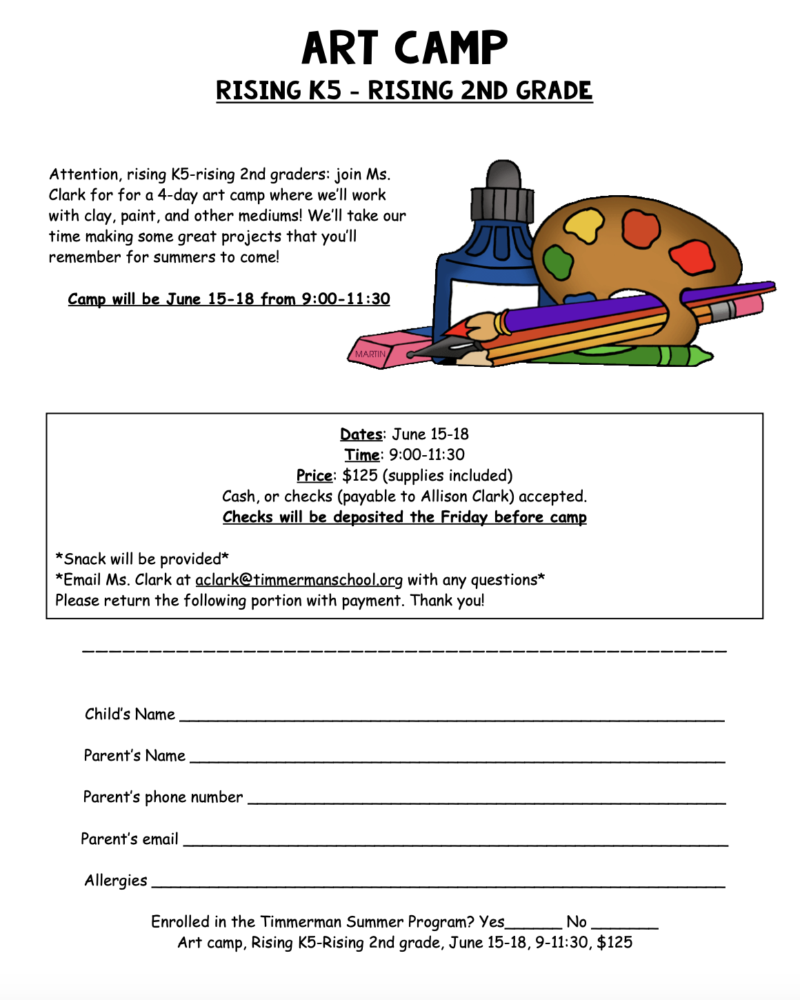 Art Camp 2026 flyer for rising K5 through rising 2nd grade