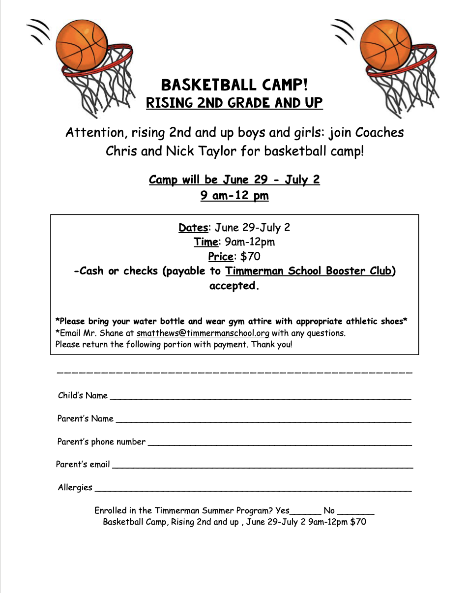Basketball Camp 2026 flyer for rising 2nd grade and up