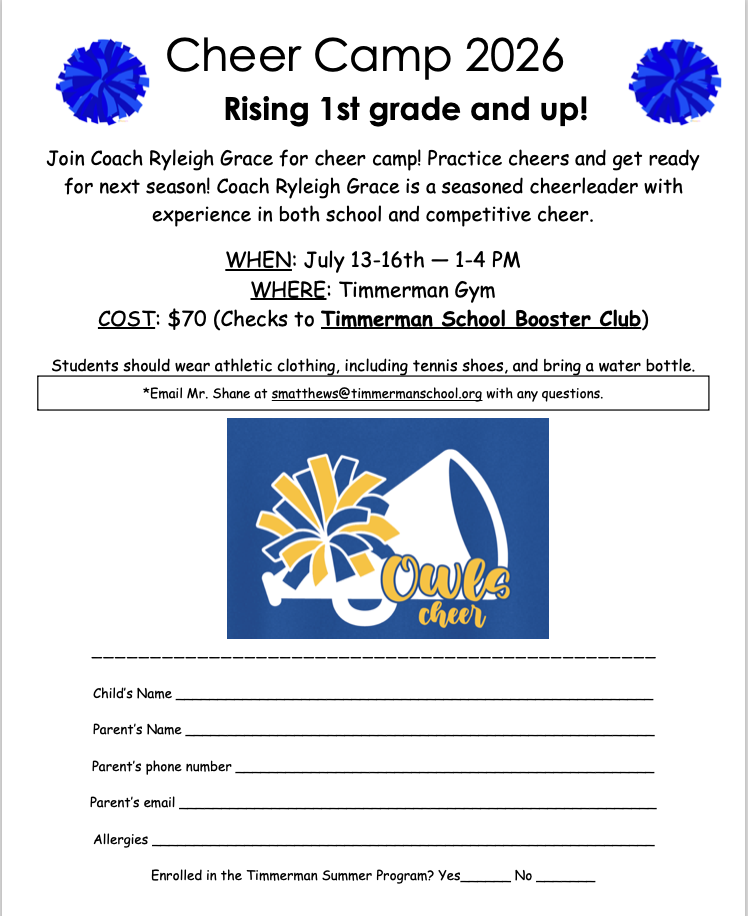 Cheer Camp 2026 flyer for rising 1st grade and up