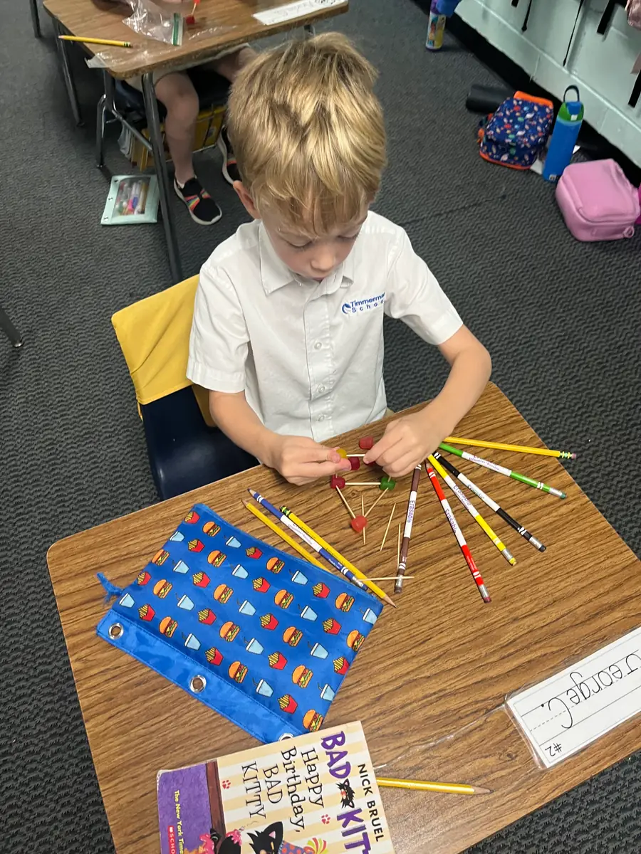 Student assembles a toothpick-and-gumdrop structure at a desk