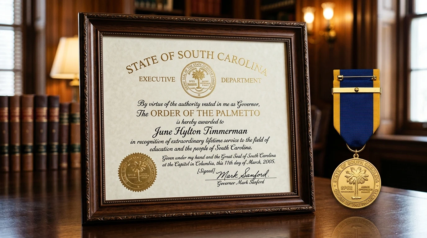 Order of the Palmetto citation and medal awarded to June Hylton Timmerman in 2005 by Governor Mark Sanford