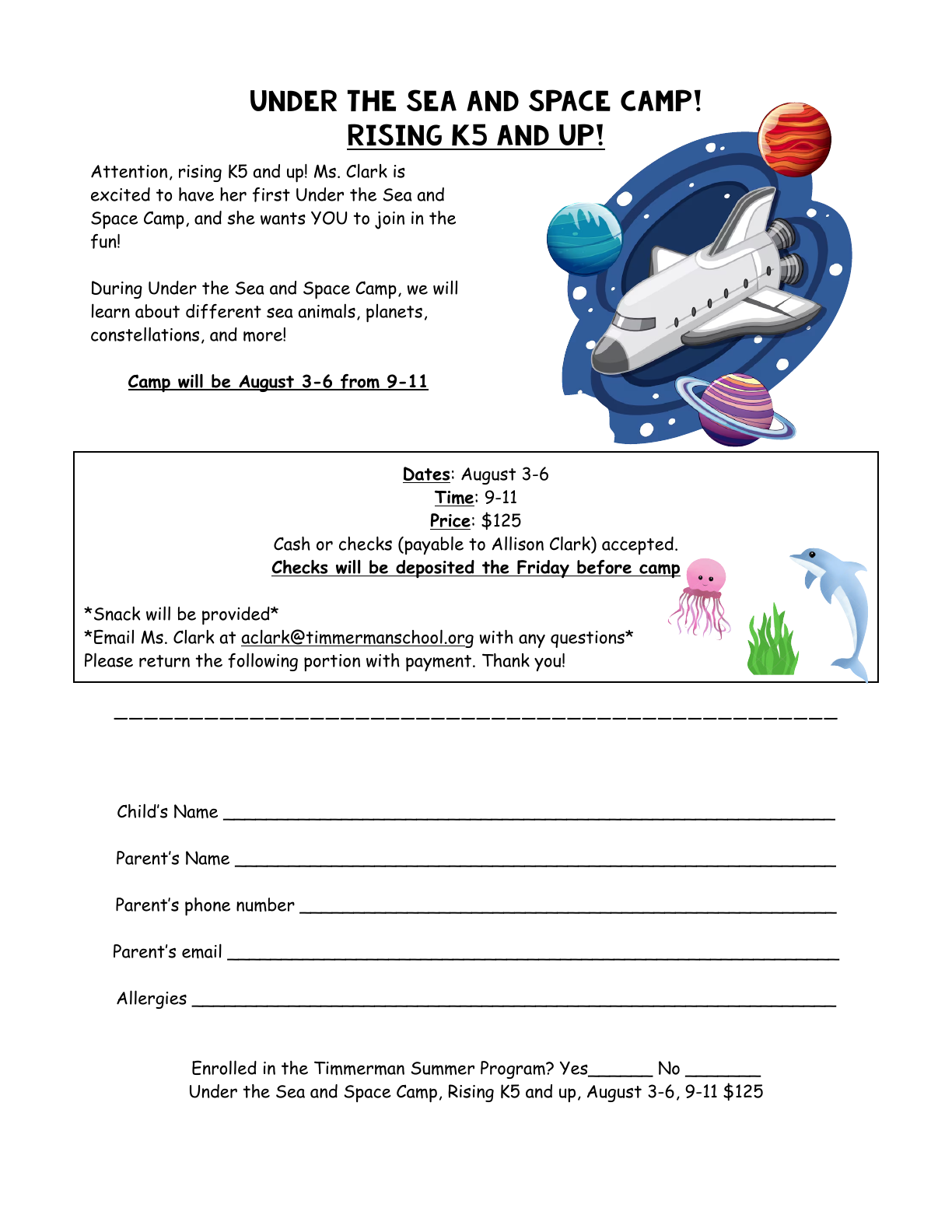 Under the Sea and Space Camp flyer for rising K5 and older students